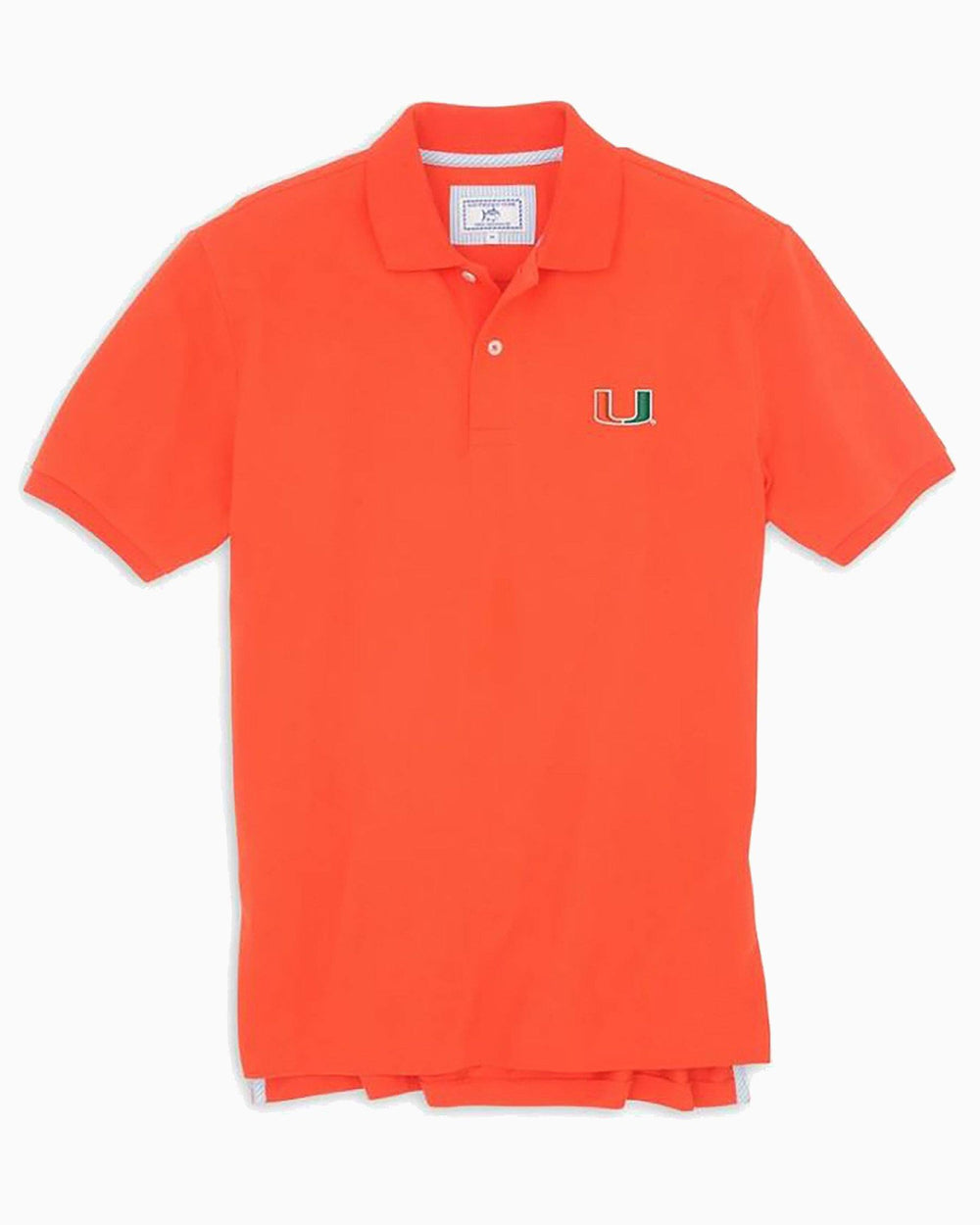 The front view of the Men's Orange Miami Hurricanes Pique Polo Shirt by Southern Tide - Endzone Orange