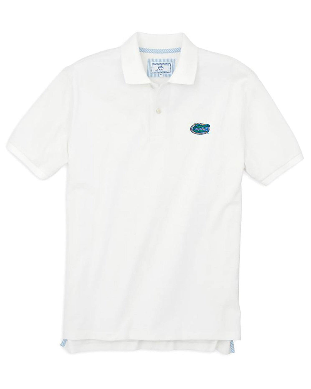 The front view of the Men's White Florida Gators Pique Polo Shirt by Southern Tide - Classic White