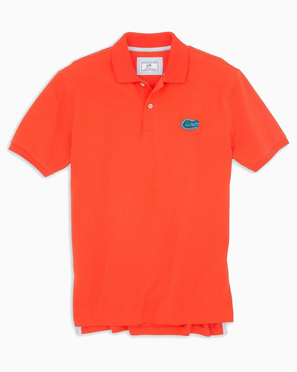 The front of the Men's Light Blue Florida Gators Pique Polo Shirt by Southern Tide - Endzone Orange