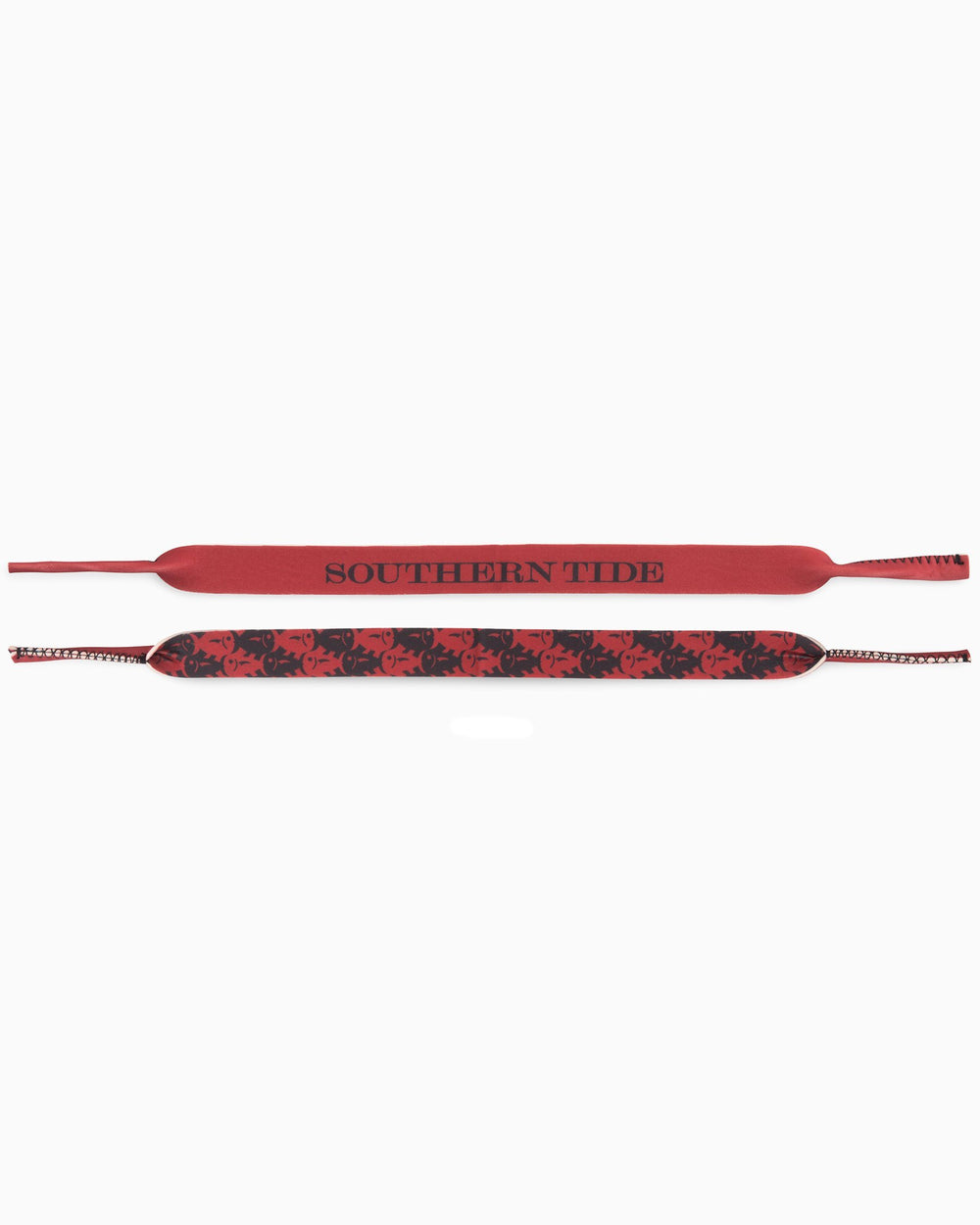 The front view of the Gameday Skipjack Sunglass Straps by Southern Tide - Chianti and Black