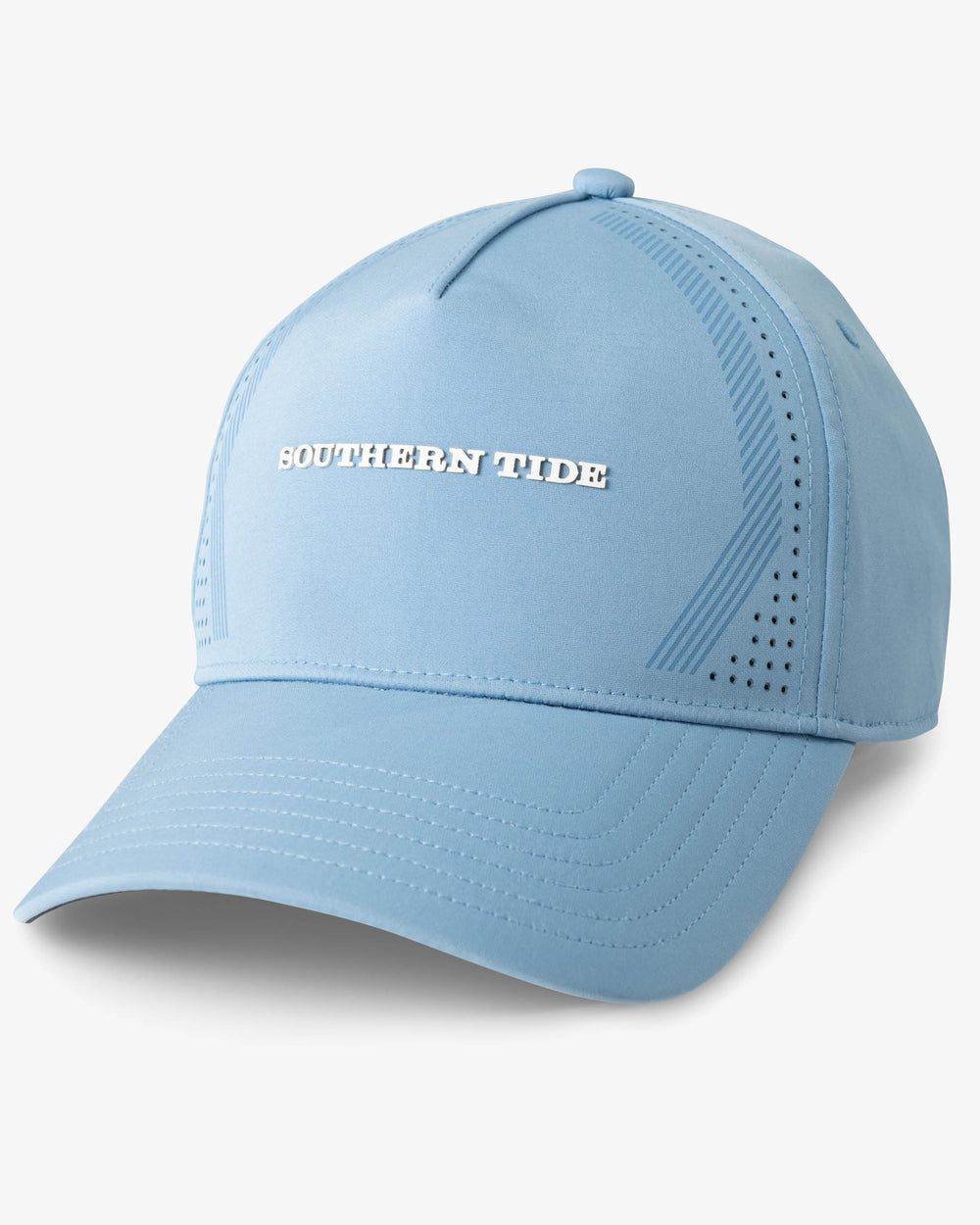 The front view of the Garrison Perforated Performance Hat by Southern Tide - Light Blue