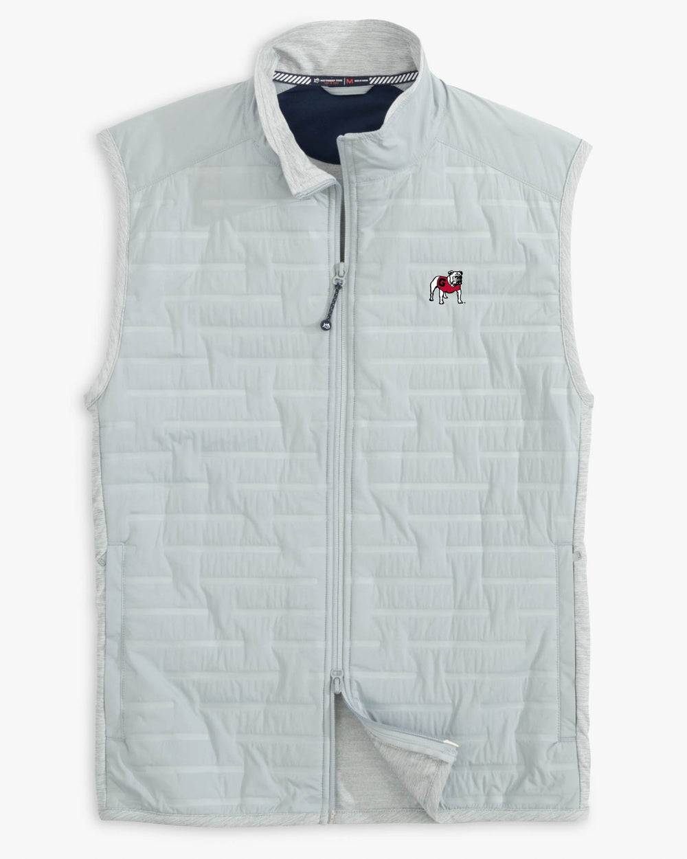 The front view of the Southern Tide Georgia Bulldogs Abercorn Vest by Southern Tide - Gravel Grey