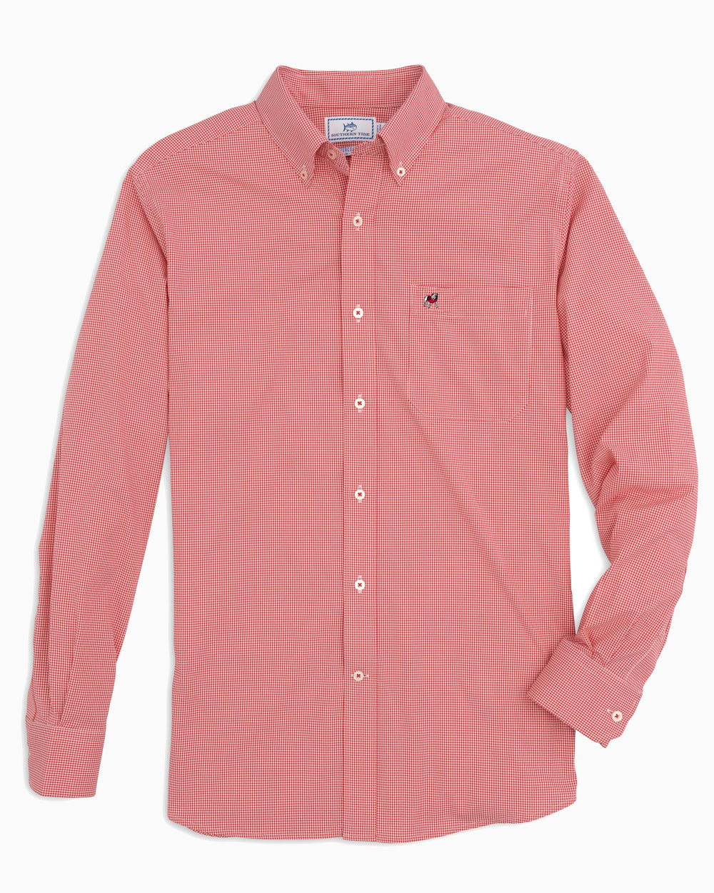 The front view of the Men's Red Georgia Bulldogs Gingham Button Down Shirt by Southern Tide - Varsity Red