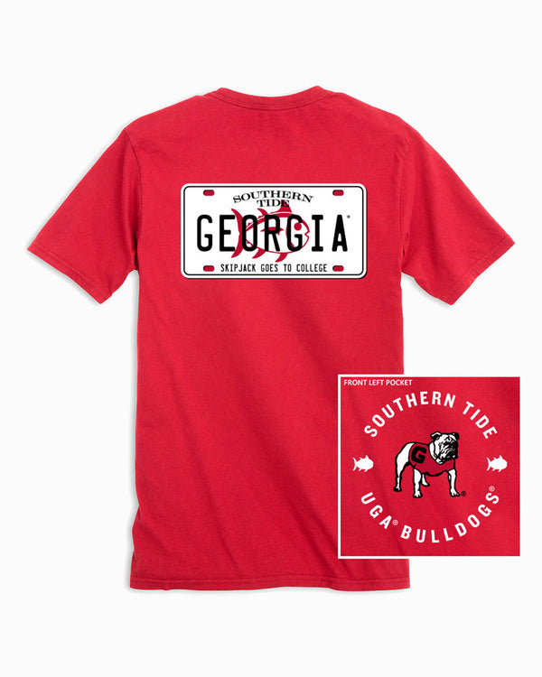 The front and back of the Georgia Bulldogs License Plate T-Shirt by Southern Tide - Varsity Red