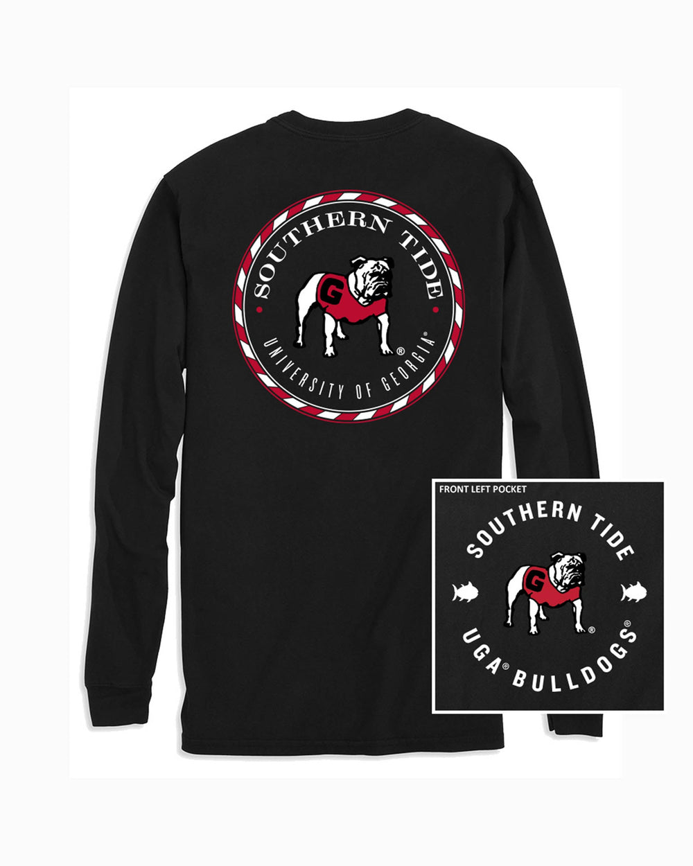 The front and back of the Georgia Bulldogs Long Sleeve Medallion Logo T-Shirt by Southern tide - Black