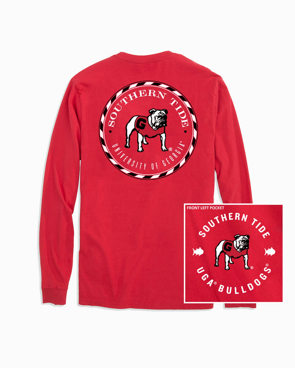 The front and back of the Georgia Bulldogs Long Sleeve Medallion Logo T-Shirt by Southern tide - Varsity Red