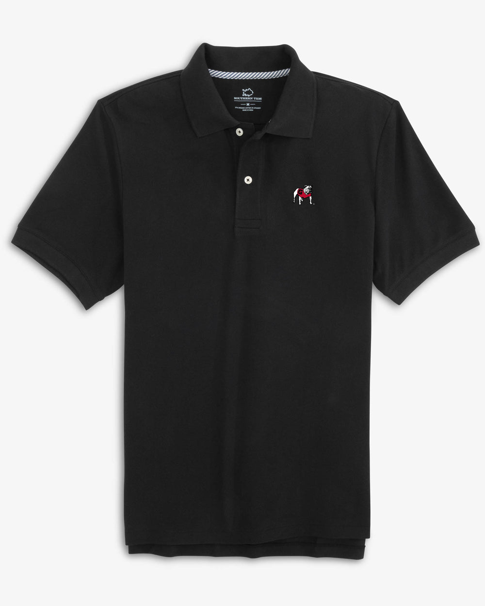 The front view of the Georgia Bulldogs New Short Sleeve Skipjack Polo by Southern Tide - Black