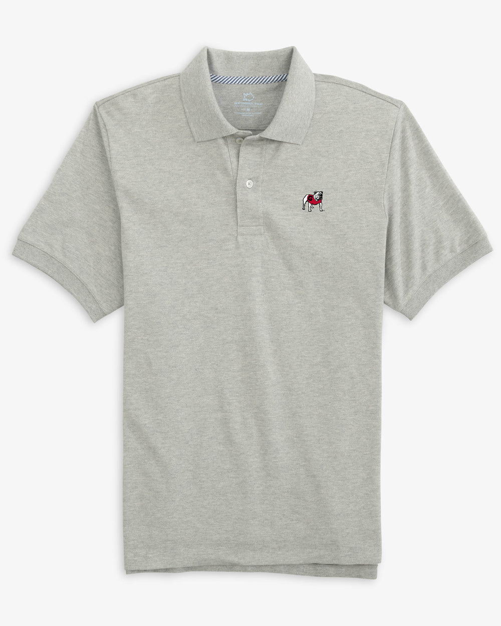 The front view of the Georgia Bulldogs New Short Sleeve Skipjack Polo by Southern Tide - Heather Grey