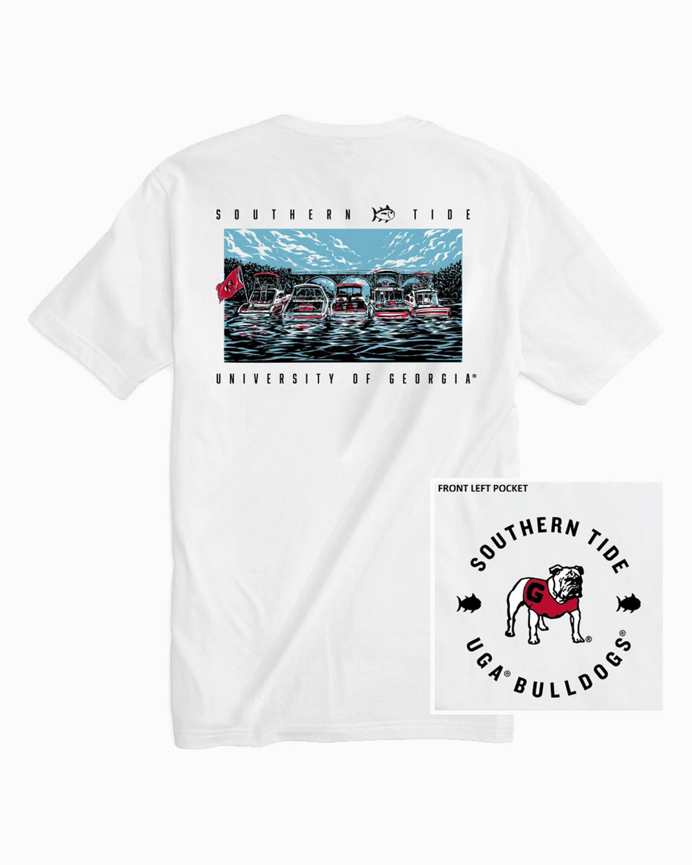 The front and back of the Georgia Bulldogs Tailgate Cove T-Shirt by Southern Tide - Classic White