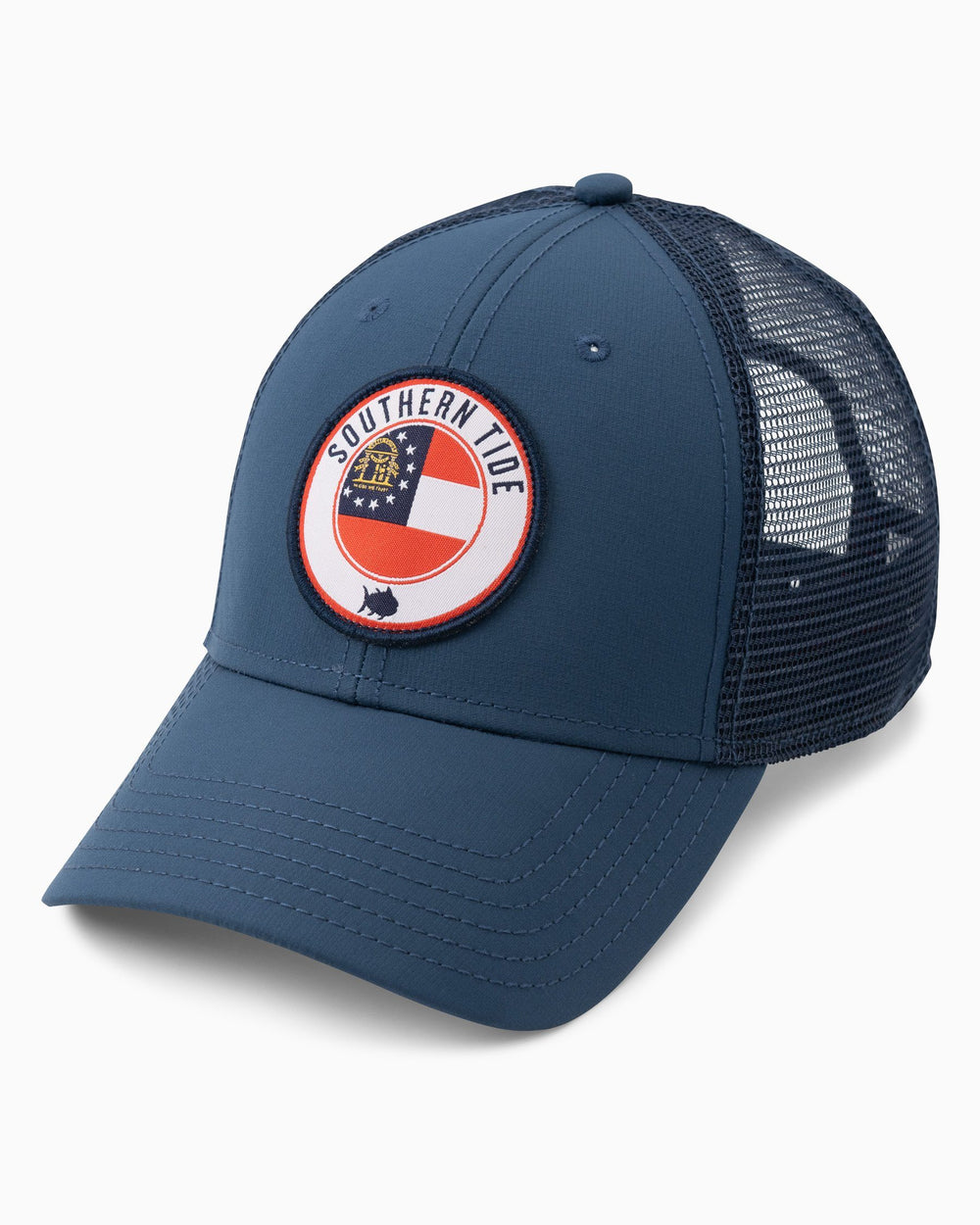 The front view of the Men's Georgia Patch Performance Trucker Hat by Southern Tide - Seven Seas Blue