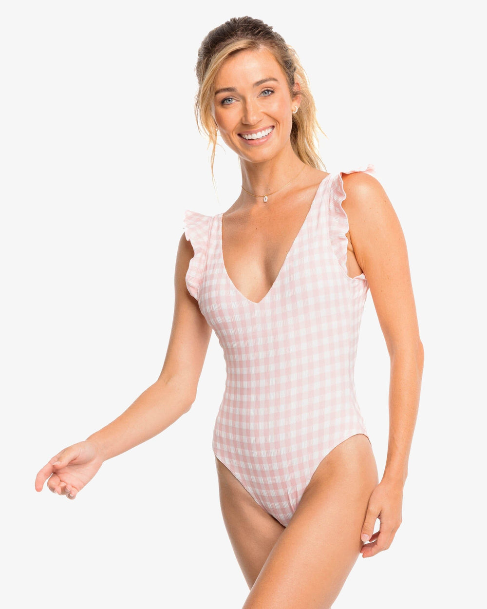 The front view of the Southern Tide Gingham Ruffle One Piece by Southern Tide - Quartz Pink