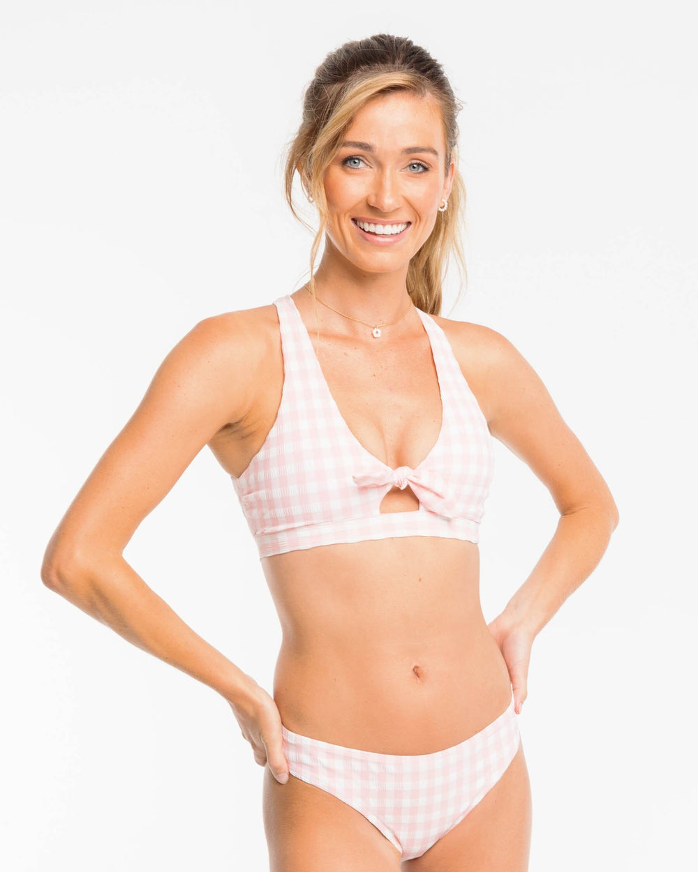The front view of the Southern Tide Gingham Tie Front Bikini Top by Southern Tide - Quartz Pink