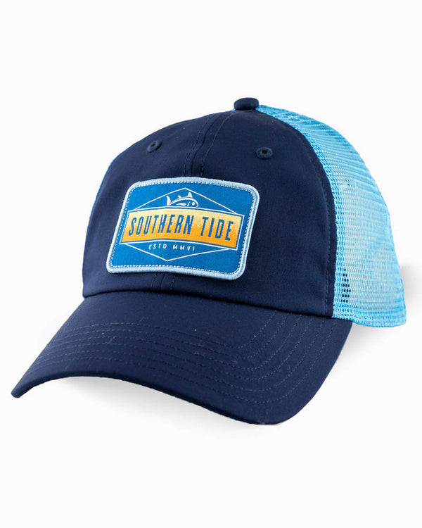 The front view of the Southern Tide Gradient Palm Tree Patch Performance Trucker by Southern Tide - Navy