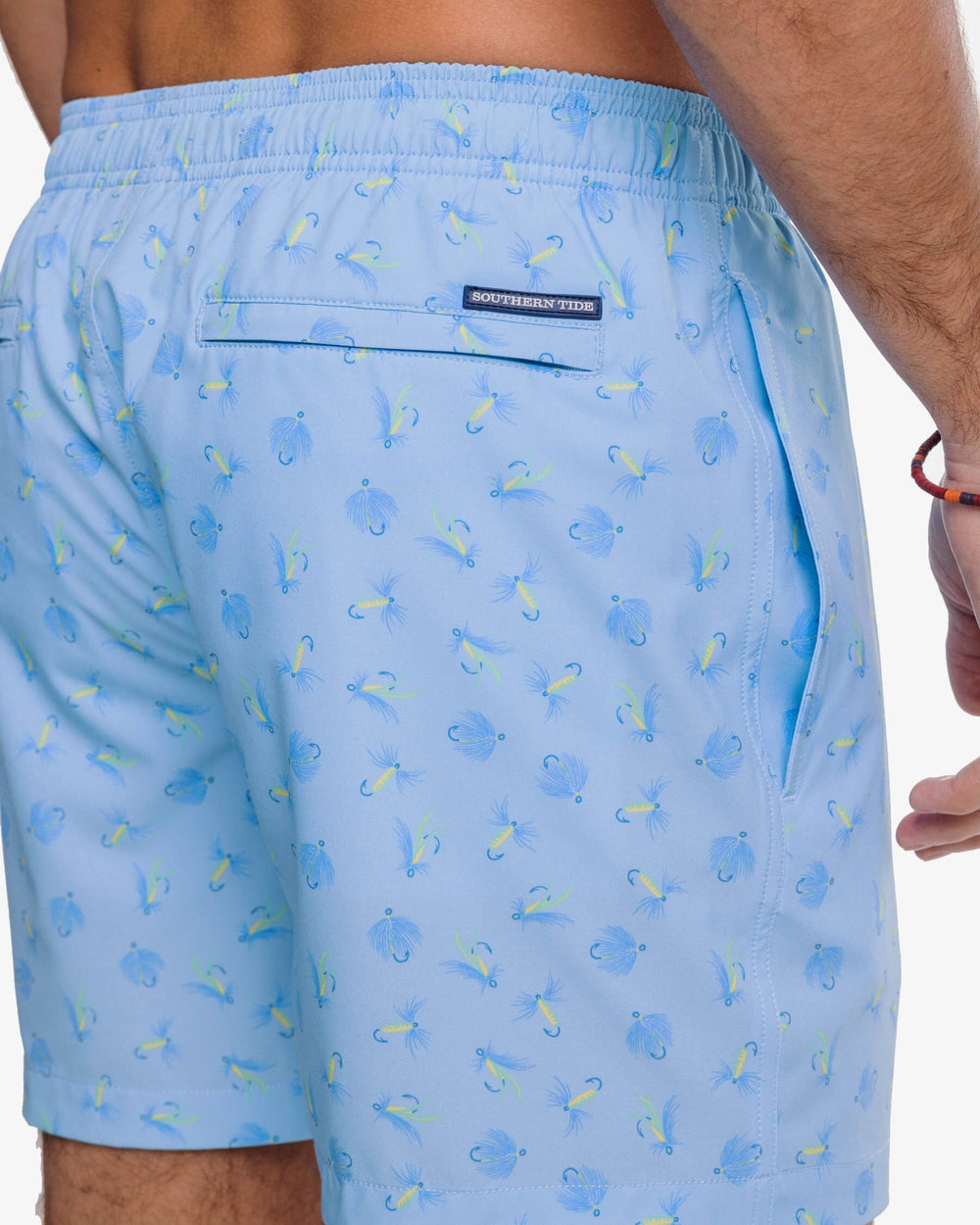 The detail view of the Southern Tide Guy With Allure Printed Swim Trunk by Southern Tide - Rain Water