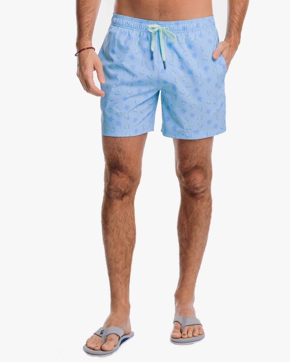 The front view of the Southern Tide Guy With Allure Printed Swim Trunk by Southern Tide - Rain Water