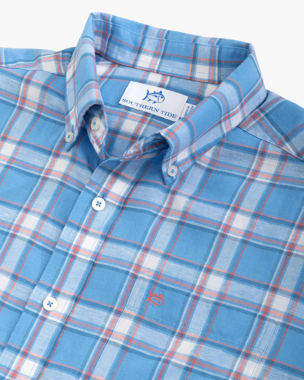 The detail view of the Headland Bayfront Plaid Long Sleeve Buttom Down Sport Shirt by Southern Tide - Boat Blue