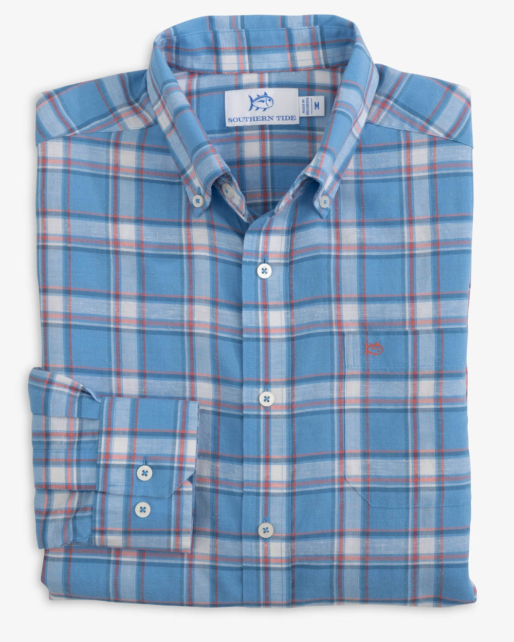 The folded view of the Headland Bayfront Plaid Long Sleeve Buttom Down Sport Shirt by Southern Tide - Boat Blue