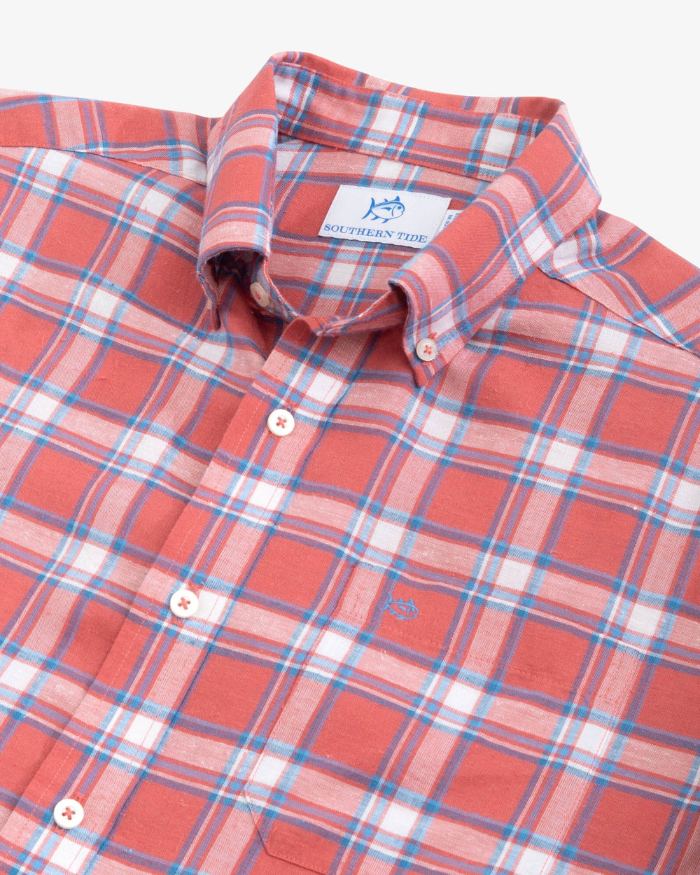 The detail view of the Southern Tide Headland Bayfront Plaid Long Sleeve Buttom Down Sport Shirt - Mineral Red