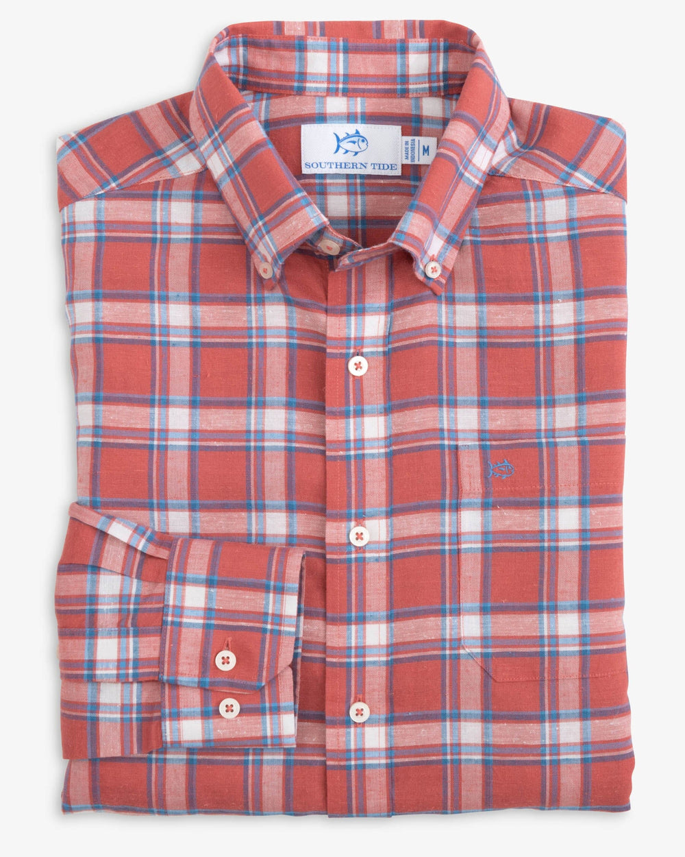 The folded view of the Southern Tide Headland Bayfront Plaid Long Sleeve Buttom Down Sport Shirt - Mineral Red