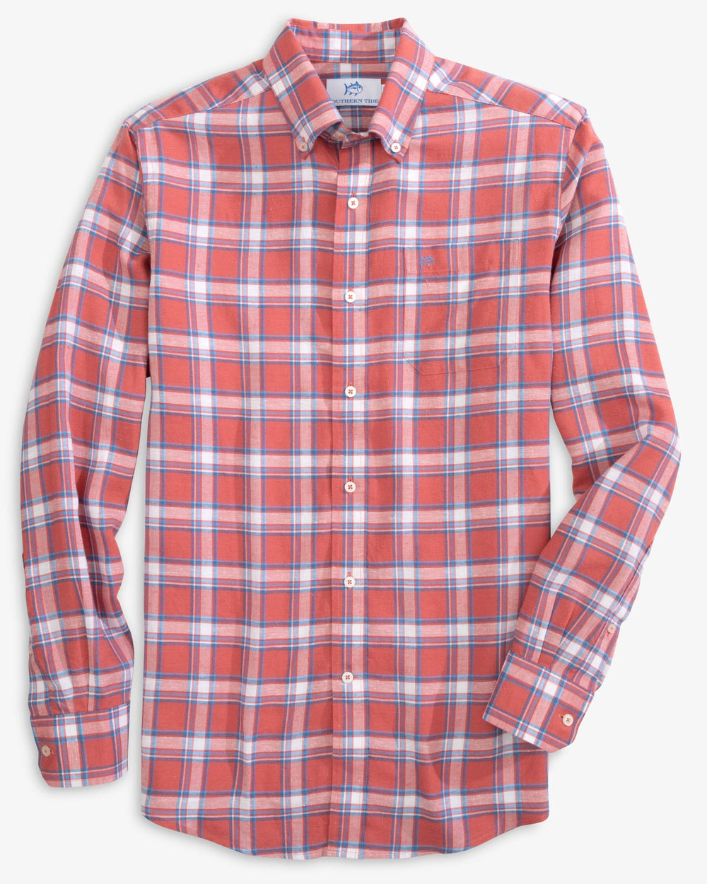 The front view of the Southern Tide Headland Bayfront Plaid Long Sleeve Buttom Down Sport Shirt - Mineral Red