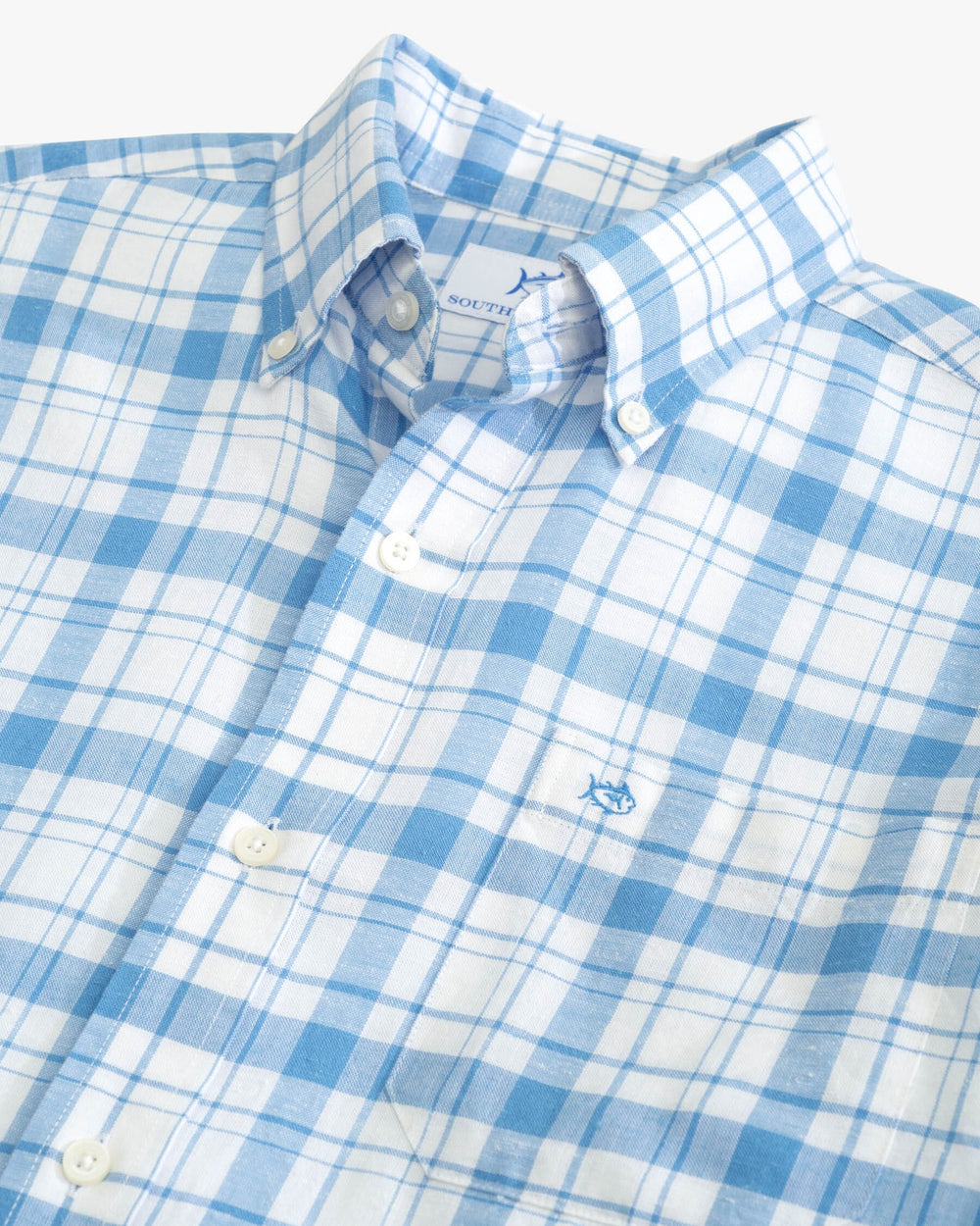 The detail view of the Southern Tide Headland Moultire Plaid Long Sleeve Sport Shirt by Southern Tide - Boat Blue