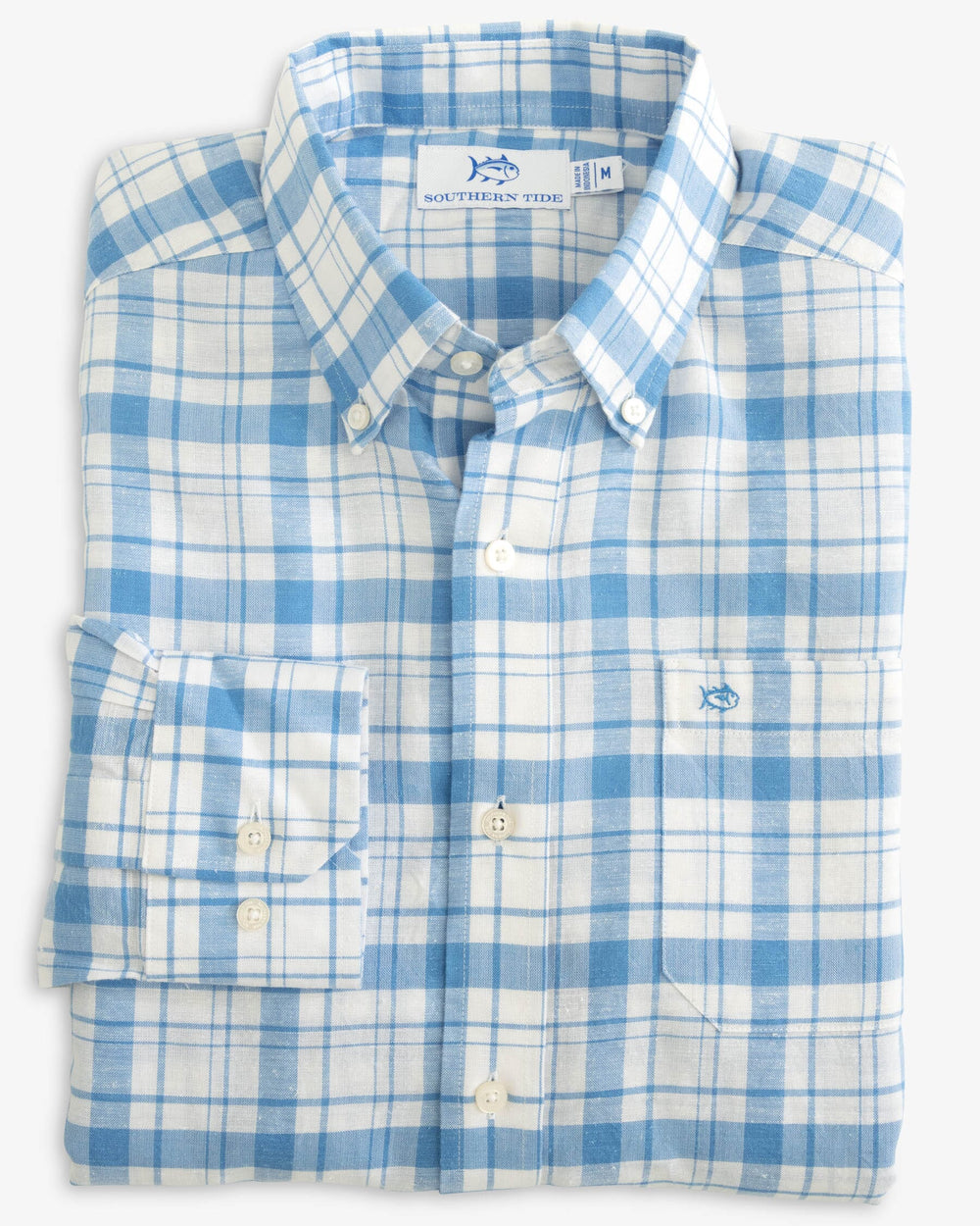 The folded view of the Southern Tide Headland Moultire Plaid Long Sleeve Sport Shirt by Southern Tide - Boat Blue