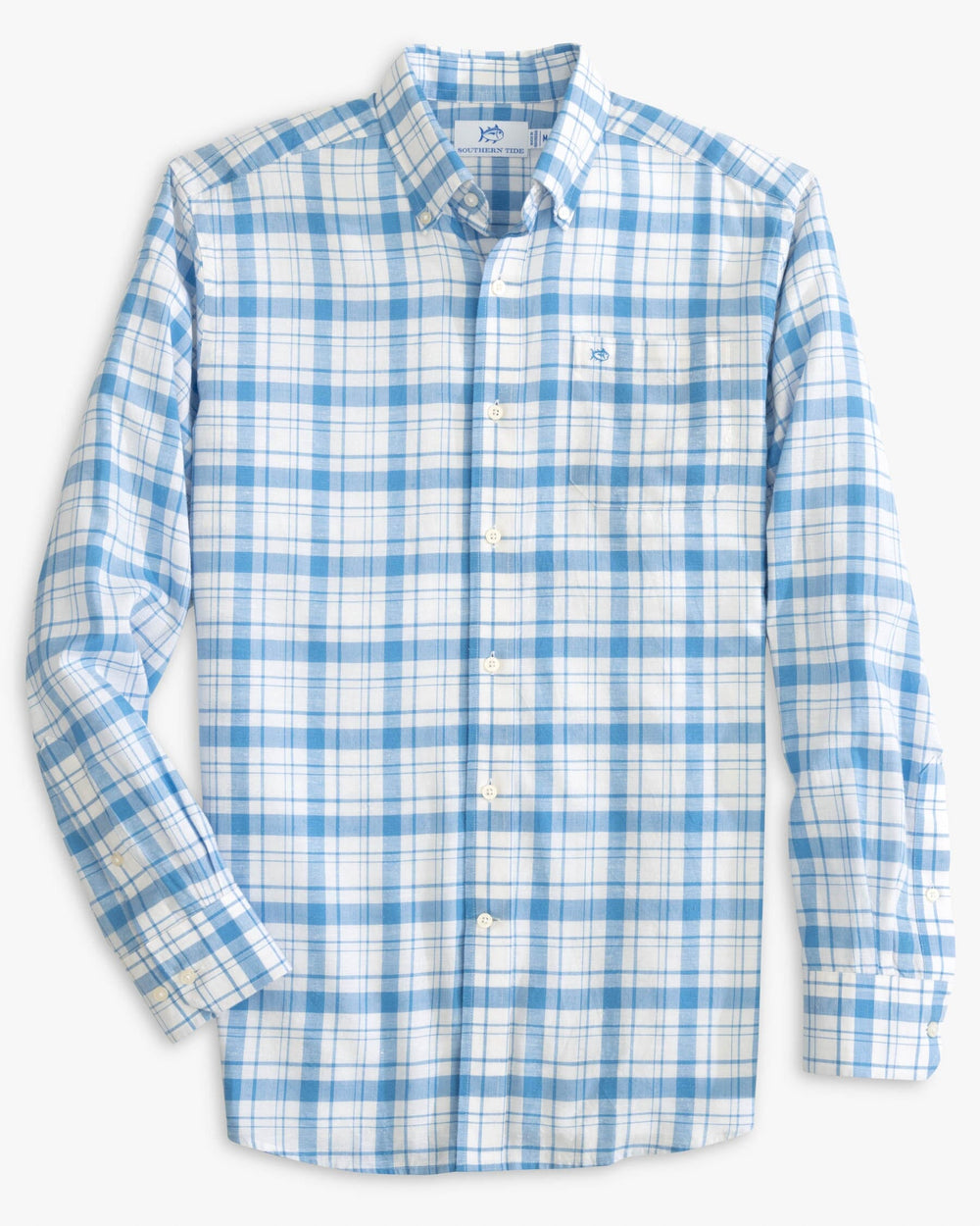The front view of the Southern Tide Headland Moultire Plaid Long Sleeve Sport Shirt by Southern Tide - Boat Blue
