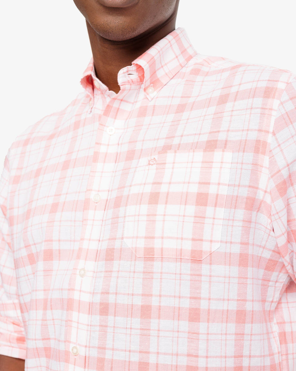 The detail view of the Southern Tide Headland Moultire Plaid Long Sleeve Sport Shirt by Southern Tide - Flamingo Pink