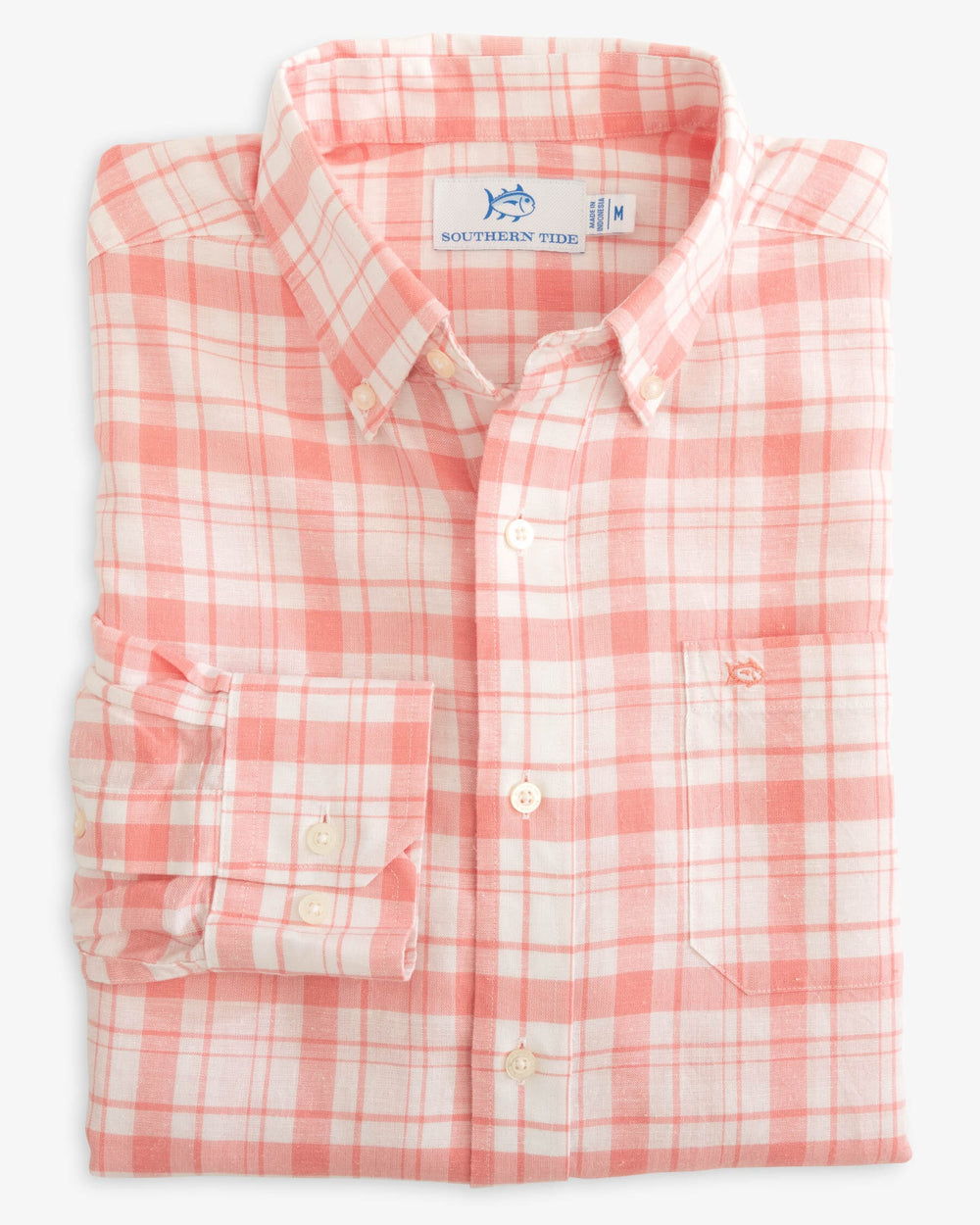The folded view of the Southern Tide Headland Moultire Plaid Long Sleeve Sport Shirt by Southern Tide - Flamingo Pink