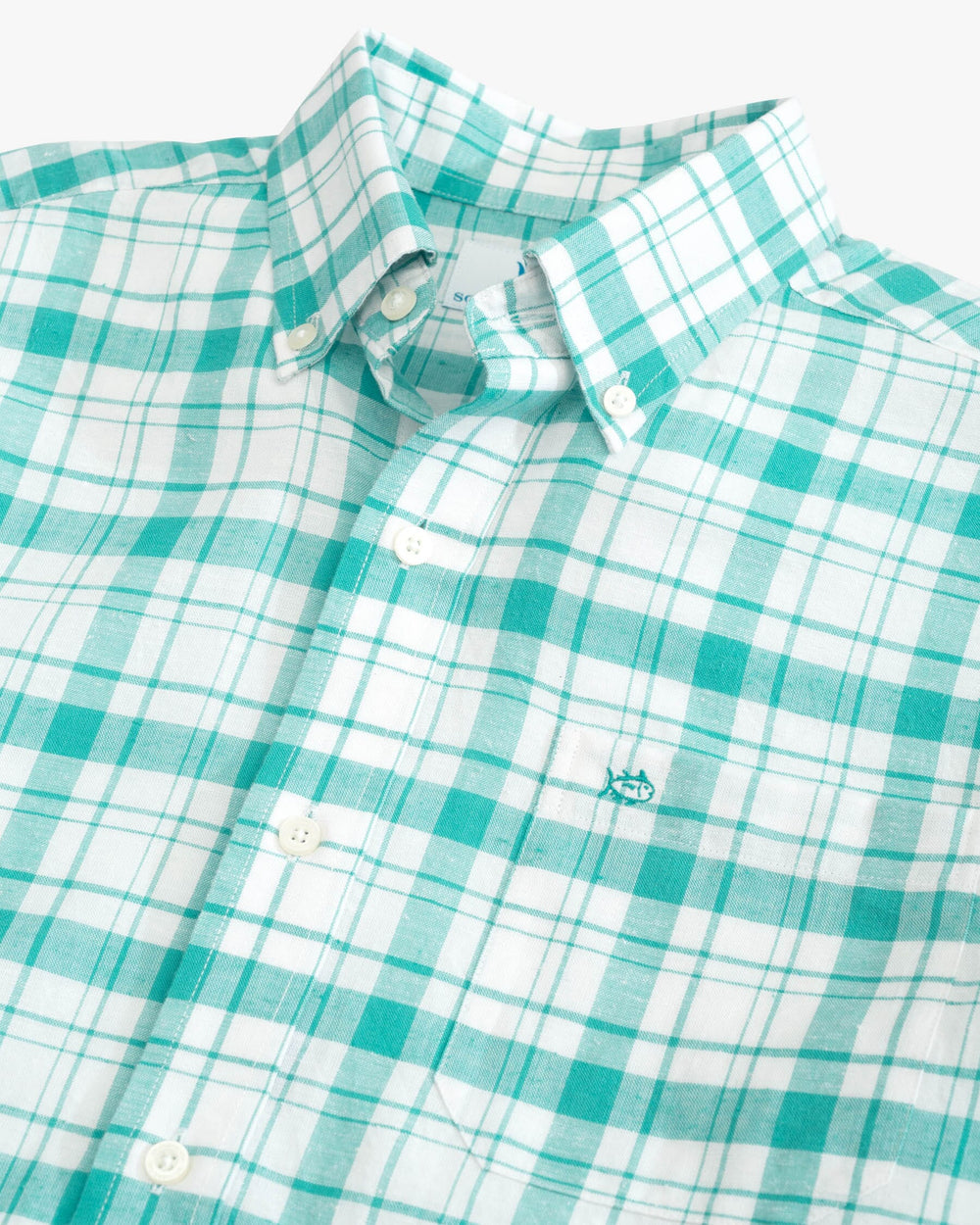 The detail view of the Southern Tide Headland Moultire Plaid Long Sleeve Sport Shirt by Southern Tide - Tidal Wave