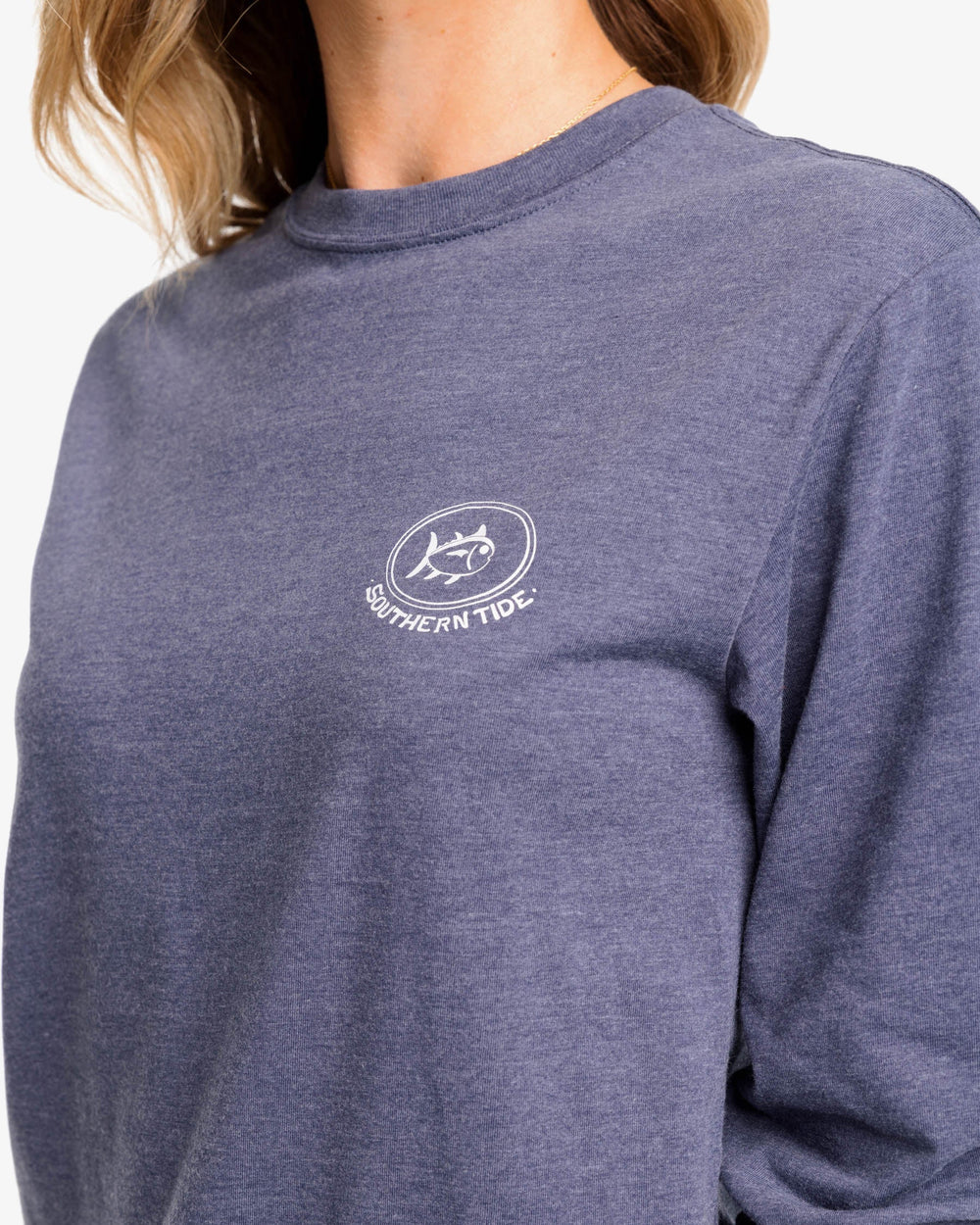The detail view of the Heather Good Night Out for a Fire Long Sleeve T-Shirt by Southern Tide - Heather True Navy