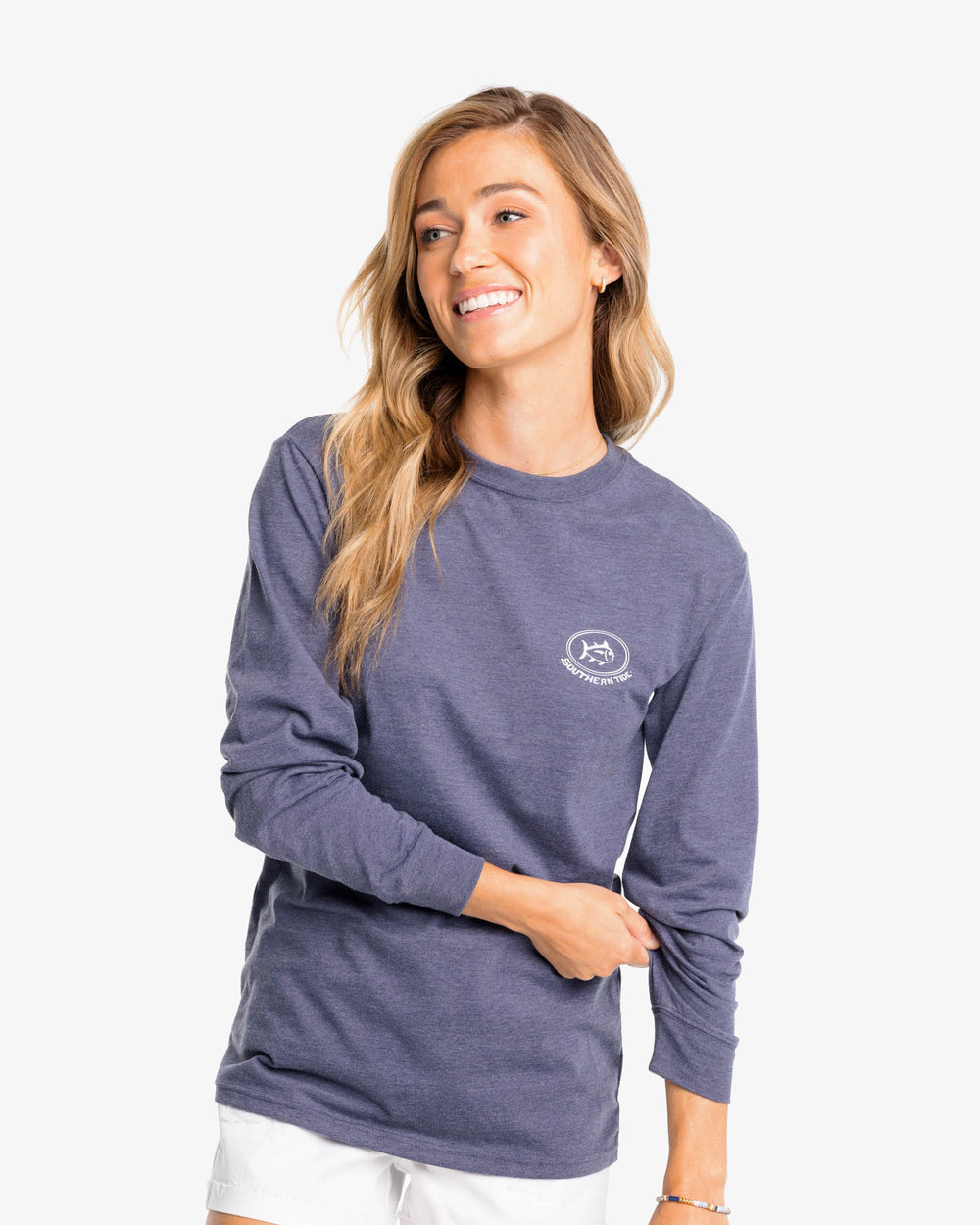 The front view of the Heather Good Night Out for a Fire Long Sleeve T-Shirt by Southern Tide - Heather True Navy