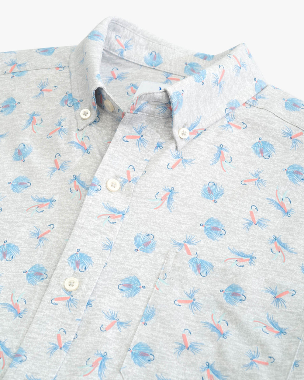 The detail view of the Southern Tide Heather Guy with Allure Intercoastal Short Sleeve Button Down Shirt by Southern Tide - Heather Light Grey