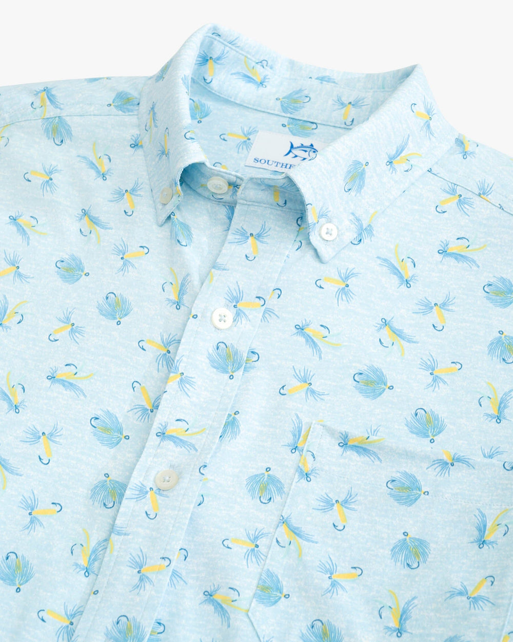 The detail view of the Southern Tide Heather Guy with Allure Intercoastal Short Sleeve Button Down Shirt by Southern Tide - Heather Rain Water
