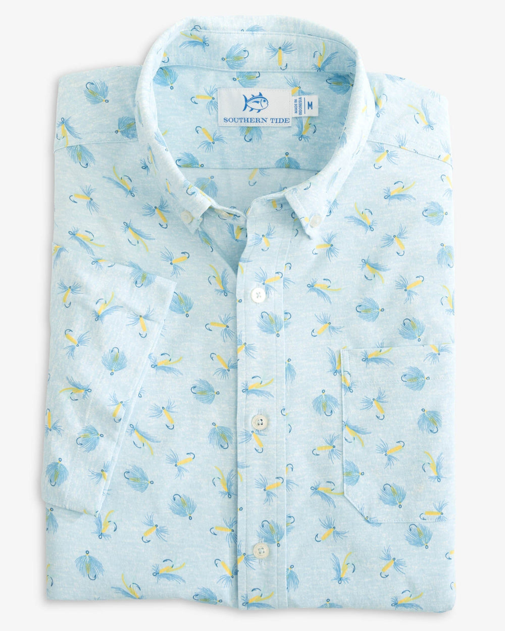 The folded view of the Southern Tide Heather Guy with Allure Intercoastal Short Sleeve Button Down Shirt by Southern Tide - Heather Rain Water