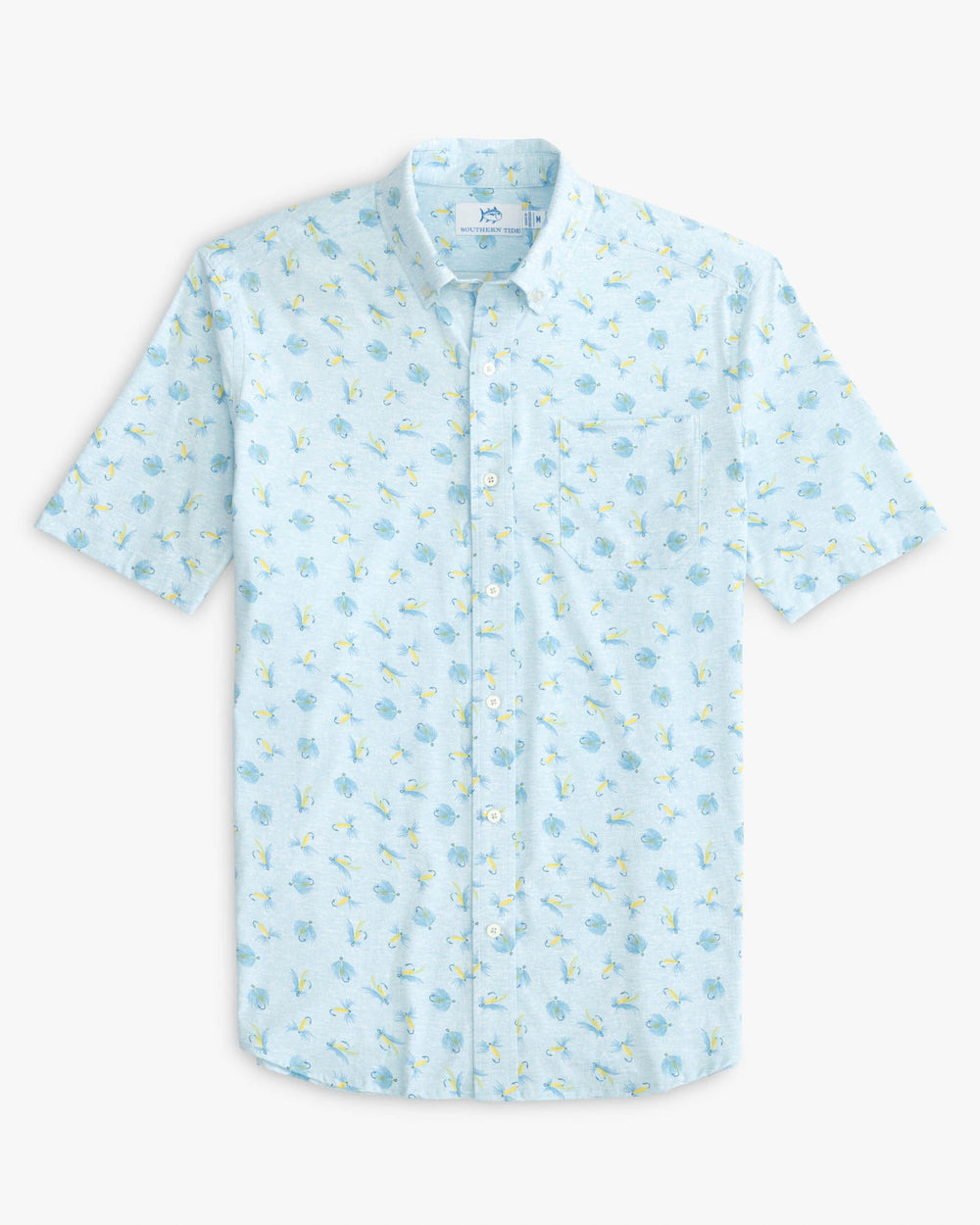 The front view of the Southern Tide Heather Guy with Allure Intercoastal Short Sleeve Button Down Shirt by Southern Tide - Heather Rain Water