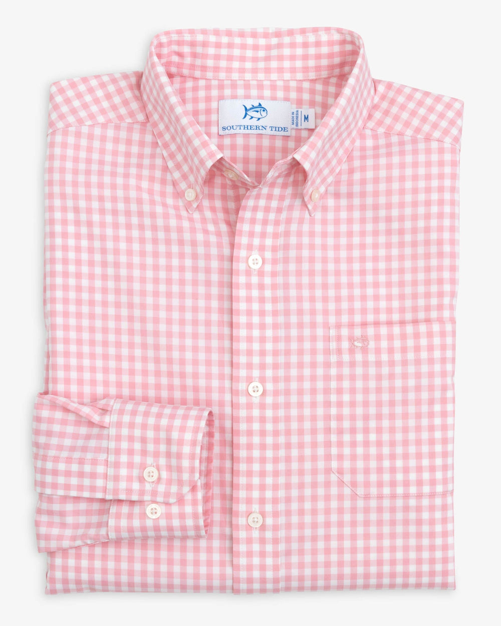 The folded view of the Southern Tide Heather Hartwell Plaid Intercoastal Sport Shirt by Southern Tide - Heather Flamingo Pink