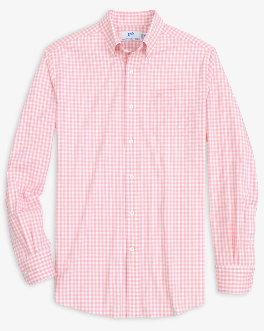 The front view of the Southern Tide Heather Hartwell Plaid Intercoastal Sport Shirt by Southern Tide - Heather Flamingo Pink