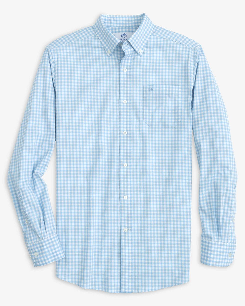 The front view of the Southern Tide Heather Hartwell Plaid Intercoastal Sport Shirt by Southern Tide - Heather Rain Water