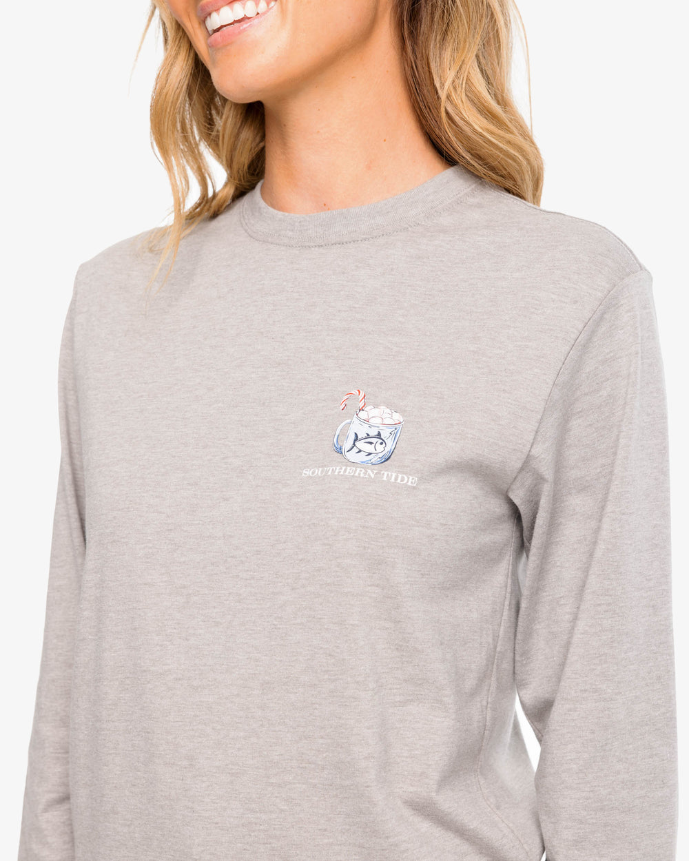The detail view of the Southern Tide Heather Hot Cocoa Long Sleeve T-Shirt by Southern Tide - Heather Quarry