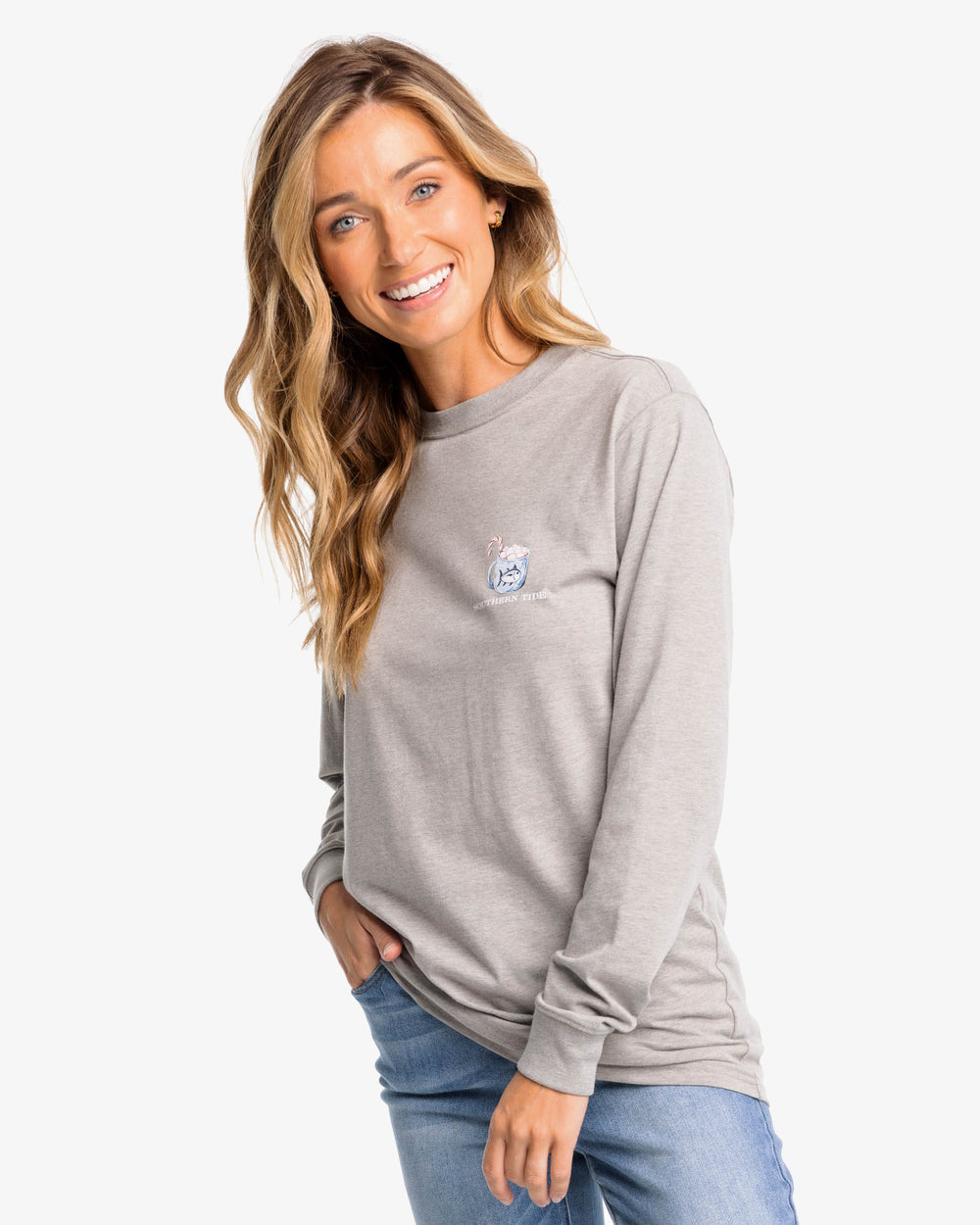 The front view of the Southern Tide Heather Hot Cocoa Long Sleeve T-Shirt by Southern Tide - Heather Quarry