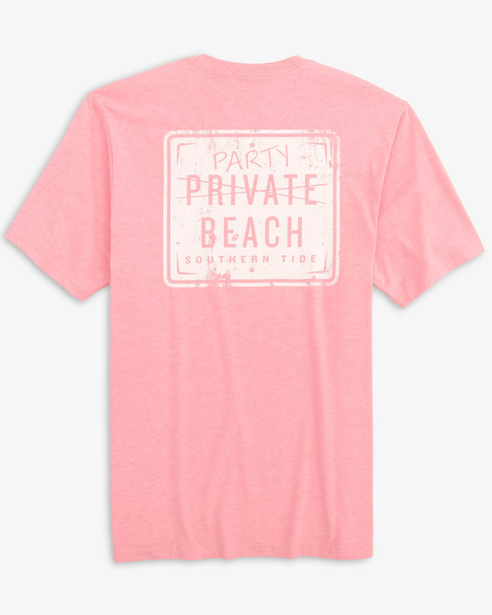The back view of the Southern Tide Heather Party Beach Sign T-Shirt by Southern Tide - Heather Flamingo Pink