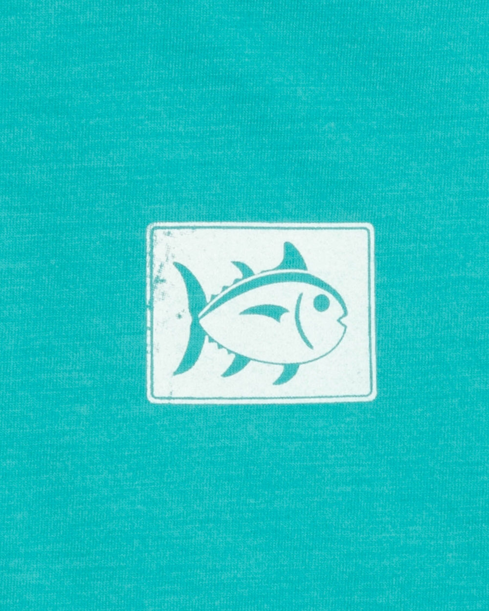 The detail view of the Southern Tide Heather Party Beach Sign T-Shirt by Southern Tide - Heather Teal Depths