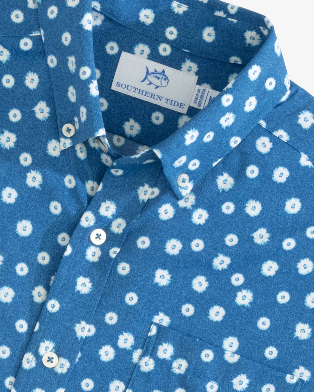 The detail view of the Southern Tide Heather Poppin Poppies Intercoastal Short Sleeve Button Down Shirt by Southern Tide - Heather Atlantic Blue