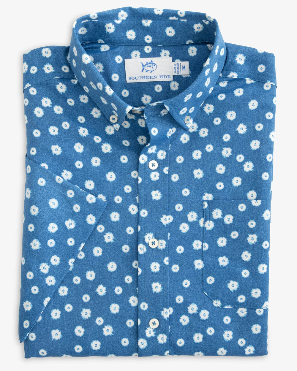 The fold view of the Southern Tide Heather Poppin Poppies Intercoastal Short Sleeve Button Down Shirt by Southern Tide - Heather Atlantic Blue