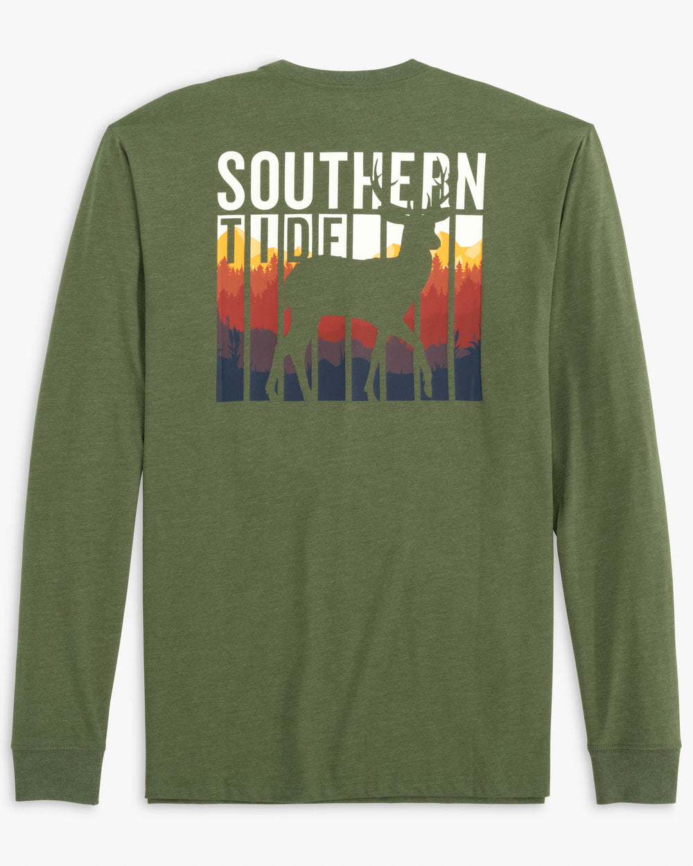 The back view of the Southern Tide Heather Prey Landscape Series Long Sleeve T-Shirt Deer by Southern Tide - Heather Hunter Green