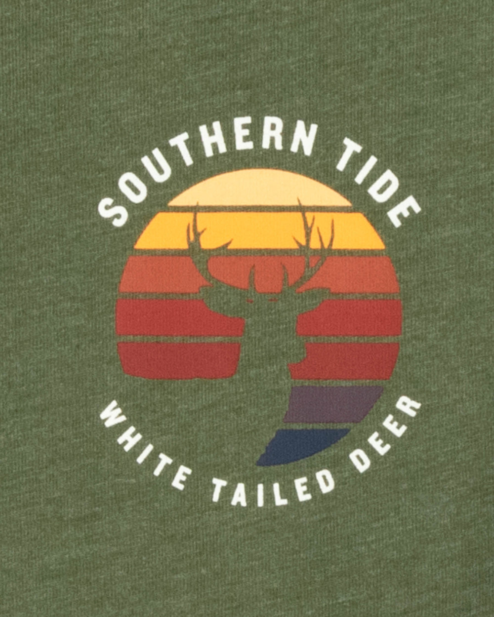 The detail view of the Southern Tide Heather Prey Landscape Series Long Sleeve T-Shirt Deer by Southern Tide - Heather Hunter Green