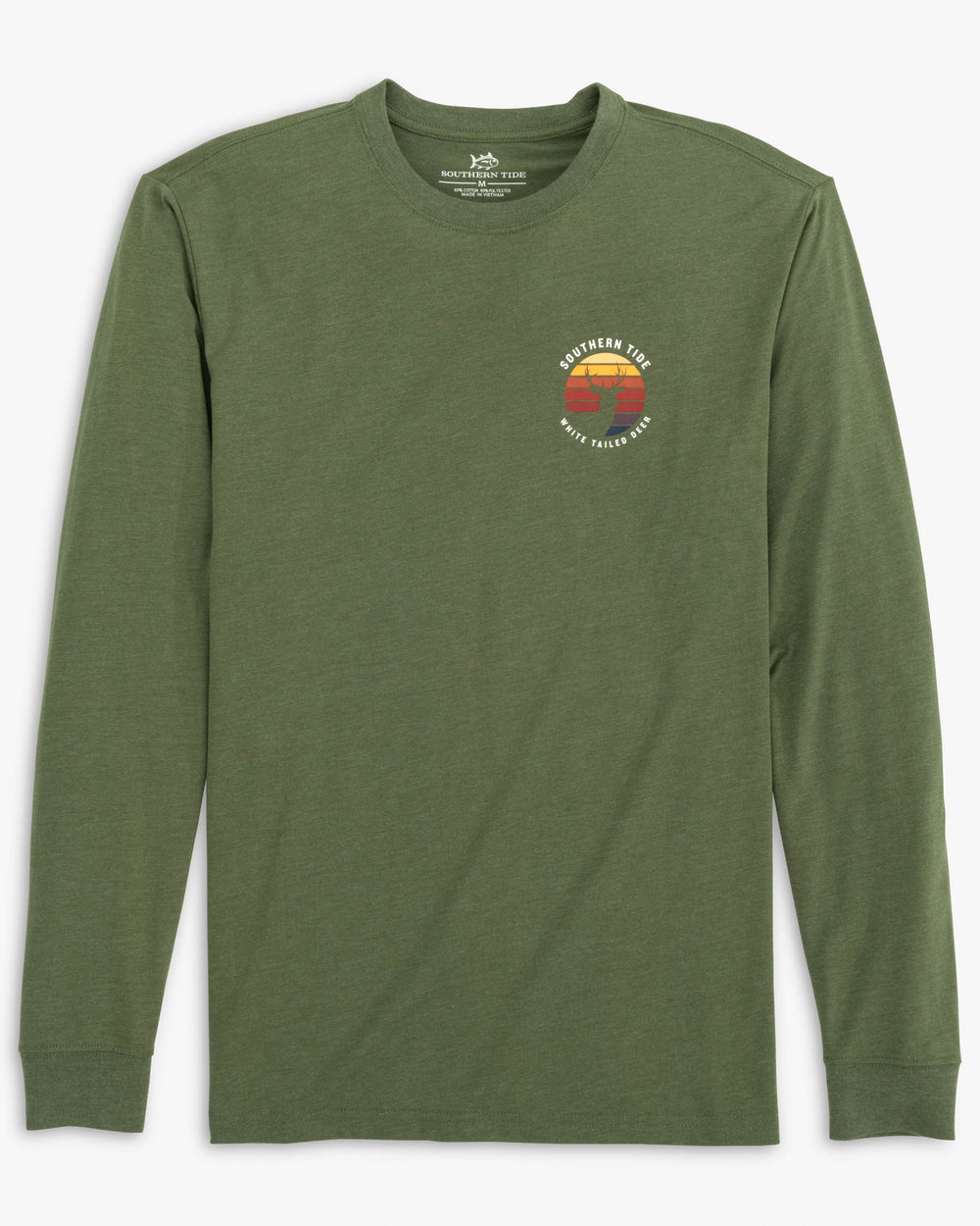 The front view of the Southern Tide Heather Prey Landscape Series Long Sleeve T-Shirt Deer by Southern Tide - Heather Hunter Green