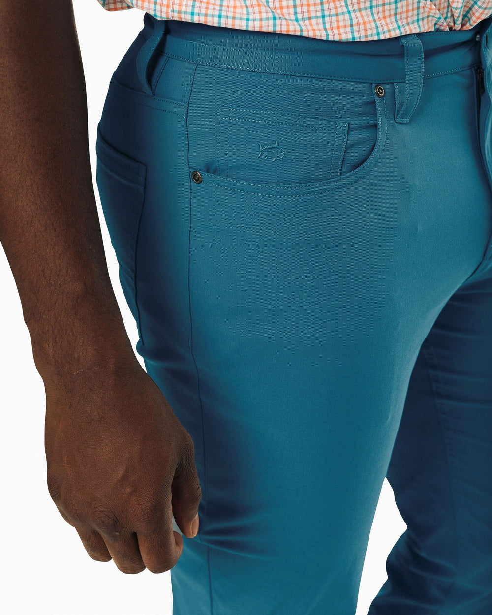 The side model view of the Men's Intercoastal Pant by Southern Tide - Porto Blue