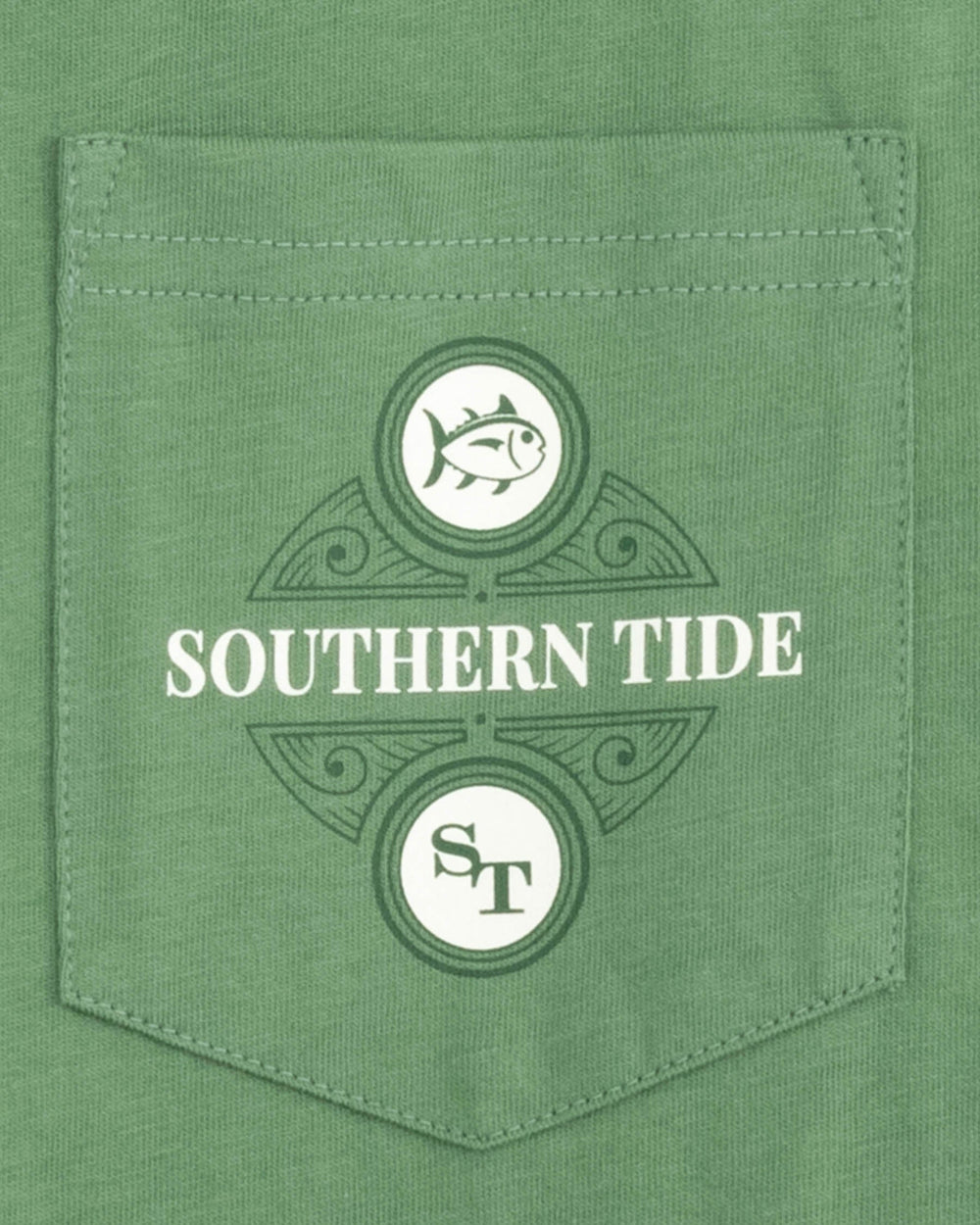 The detail view of the Iron Wrought Oval Long Sleeve T-Shirt by Southern Tide - Basil Pesto